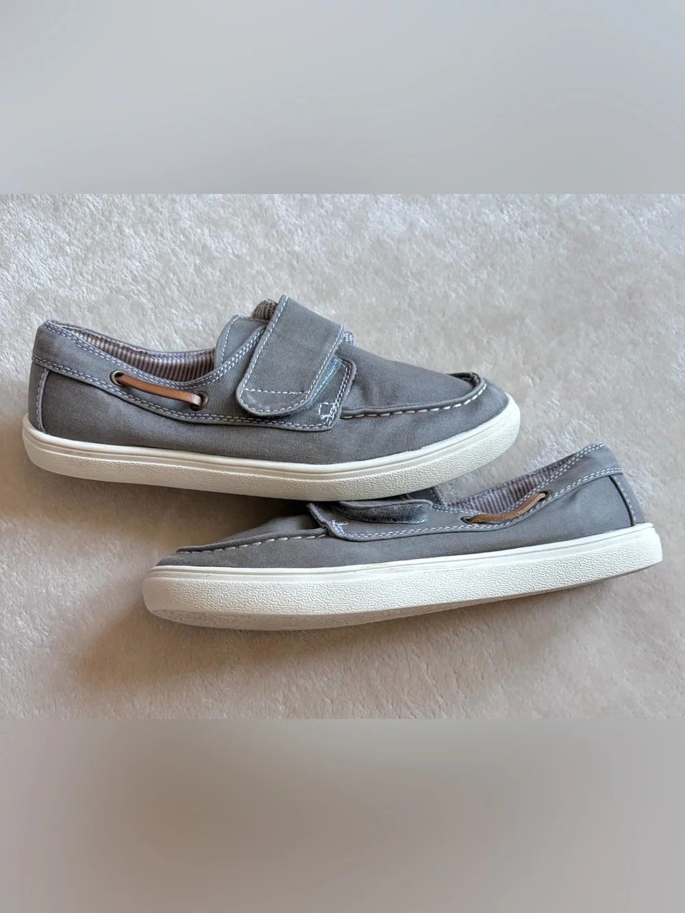 Children's Place Boys Gray Loafers - Slip On Boat Shoes W/ Velcro Strap, Size 3